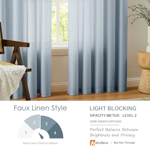 Melodieux Dusty Blue Semi Sheer Curtains 63 Inch Length for Living Room, Linen Rustic Bedroom Privacy Window Grommet Sheer Drapes, 52 by 63 Inch, 2 Panels - color: Dusty Blue, size: 52"W x 63"L (Pack of 2)