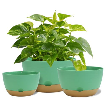 Koalaime 8/10/12 Inch Pots for Indoor Plants, Large Self Watering Planters with Drainage and Saucers, Plastic Outdoor Flower Pot, Set of 3, Green - color: Green