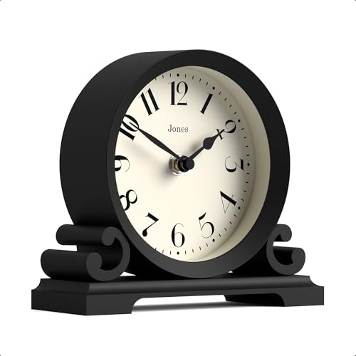 JONES CLOCKS® Saloon Mantel Clock | Small Traditional Double Scroll Design | Black | Contemporary Classic Style for Desk, Table, Shelf or Bedside - color: Black