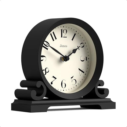 JONES CLOCKS® Saloon Mantel Clock | Small Traditional Double Scroll Design | Black | Contemporary Classic Style for Desk, Table, Shelf or Bedside - color: Black