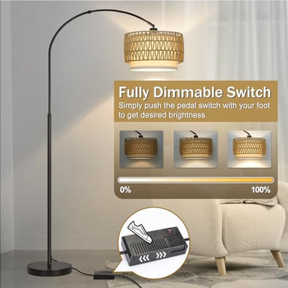 Rattan Floor Lamp, Dimmable Arc Floor Lamps with Adjustable Head - color: Black Base with Rattan Shade