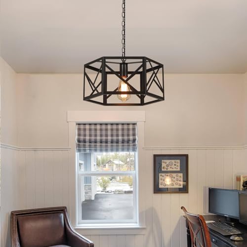 Rustic Farmhouse Plug in Pendant Light Fixture with Adjustable Chain, Dimmable Switch, 14.5 inch Modern Industrial Metal Cage Hanging Lamp for Kitchen Island Dining Room Farmhouse Home, Black - size: Medium hanging lamp