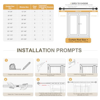 Adjustable Splicing Black Curtain Rods for Windows - 1 Inch Diameter Heavy Duty Curtain Rod with Brackets, Extends 32 to 72 Inches, 1 Pack (Black) - size: 32"- 72"/1 Pack