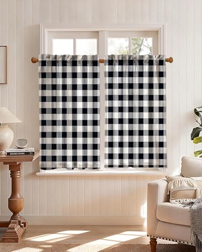 Miss Adola 36 Inch Length Kitchen Tier Curtains, Black Plaid - color: Black Plaid, size: 28"W x 36"L (Pack of 2)
