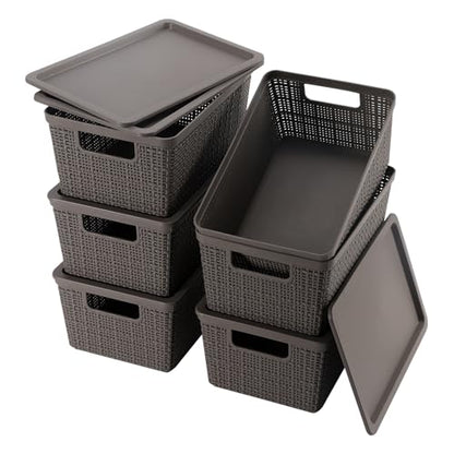 6 Pack Plastic Storage Baskets with Lid,Grey Stackable Bins - color: Grey