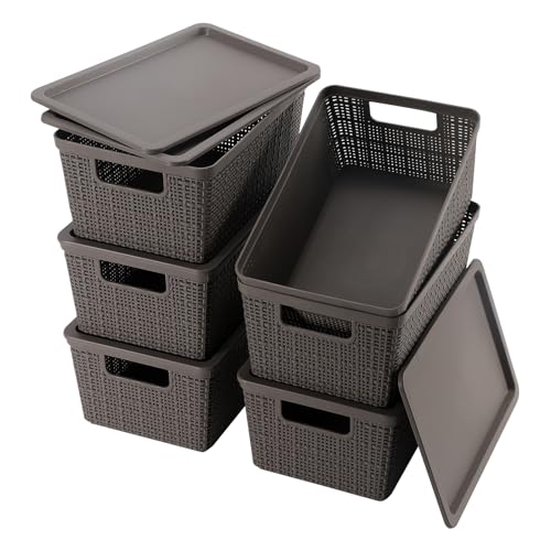 6 Pack Plastic Storage Baskets with Lid,Grey Stackable Bins - color: Grey