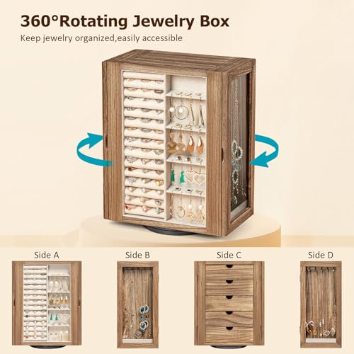 Emfogo 360° Rotating Jewelry Box for Women, Rustic Wooden Jewelry Organizer Box with 5 Drawers, Glass Doors, Vertical Open Design Jewelry Storage Case Display for Earrings Rings Necklaces Bracelets - color: Rustic Brown