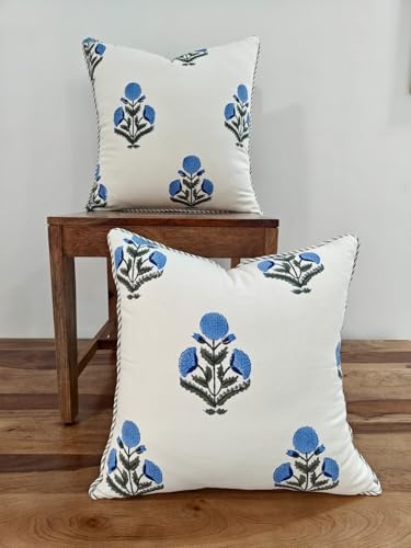 ATOSII Cotton Blockprint Throw Pillow Cover, Poppy Blue, Set of 2, 18 X 18 - color: Poppy Blue, size: 18" x 18" (Pack of 2)