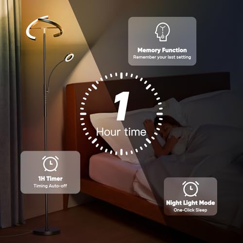 SIBRILLE Upgraded 36W RGBCW Floor Lamp with Ring Reading Lamp, Rotatable Remote Control LED Standing Lamp Dimmable Floor Light Modern Standing Light for Living Room Bedroom Home Office, Black - color: 2-in-1