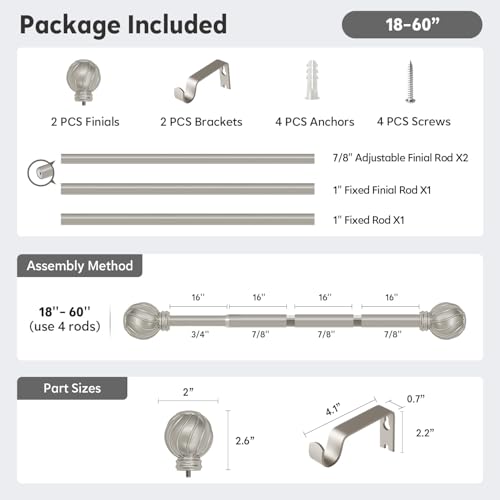 Silver Curtain Rods for Windows 28 to 48 Inch 7/8" Diameter Small - color: Silver, size: 18"-60"|1 Pack