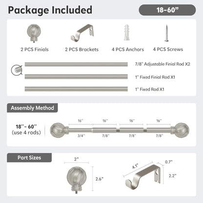 Silver Curtain Rods for Windows 28 to 48 Inch 7/8" Diameter Small - color: Silver, size: 18"-60"|1 Pack