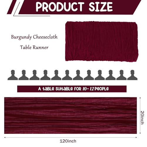 2 Pack 120 Inch Burgundy Cheesecloth Table Runner Boho Rustic Gauze Sheer Romantic 10 FT Long Cheese Cloth Table Runner for Bridal Baby Shower Wedding Party Birthday Holiday Home Easter Decor - color: Burgundy