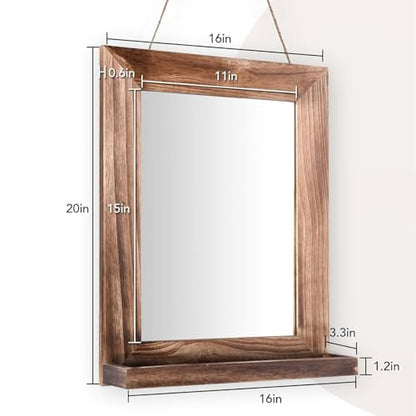 QDSSDECO 16" x 20" Farmhouse Wall Mirror with Shelf and Hemp Rope, Brown - color: Brown With Hemp Rope