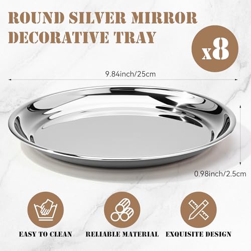 8 Pack Round Silver Mirror Decorative Trays 10" Diameter Stainless Steel - size: 10 Inch