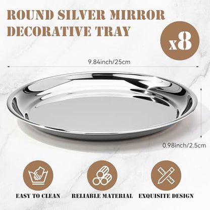 8 Pack Round Silver Mirror Decorative Trays 10" Diameter Stainless Steel - size: 10 Inch