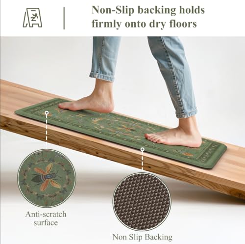 KIMODE Kitchen Mats for Floor Cushioned Anti Fatigue Kitchen Rugs Sets of 2 - color: Sage Green Botanical
