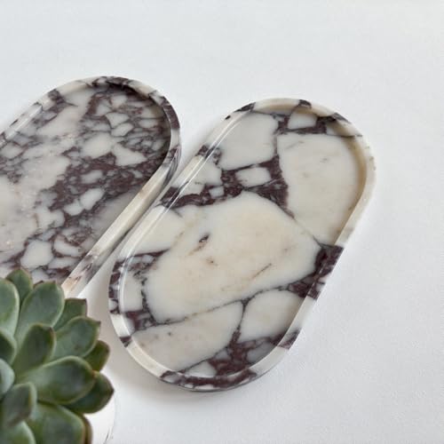 Natural Marble Stone 11.8 inches Oval Catchall Tray Classics Sundries Storage Jewelry Plates (Calacatta Purple)