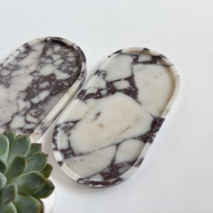 Natural Marble Stone 11.8 inches Oval Catchall Tray Classics Sundries Storage Jewelry Plates (Calacatta Purple)