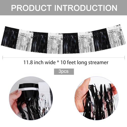 BEISHIDA Black Silver Fringe Garland Banner 30ft Wall Tinsel Foil Streamers - color: Black Silver