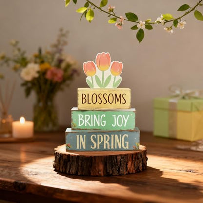 Spring Decoration Wooden Tiered Tray Decor – Tulip Blossoms Spring Stacked Block Sign with Floral Accent – Farmhouse Tabletop Spring Decor for Shelf Mantel Seasonal Home Display - style: Tulip