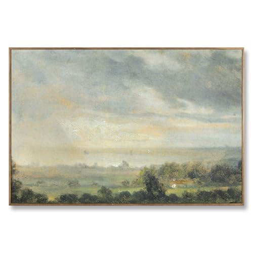 ElfLuna Wood Framed Canvas, Vintage Green Grassland Landscape Print - color: High cloudy sky, size: 36"L x 24"W