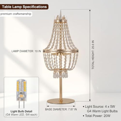 25.6in Height Clear Crystals Table Lamp for Living Room,Modern Tall Bedside Lamp for Bedroom Living Room Study Room (Gold Crown) - color: Gold Crown