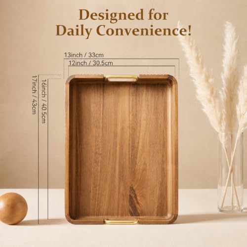 Acacia Wood Serving Tray with Gold Handles (Natural, 17" x 13" x 2") - color: Natural Acacia / Gold Handle, size: 17” × 13” × 2”