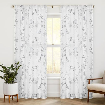 Beauoop Floral Linen Semi Sheer Curtains Living Room Grey 50x108 2 Panels - color: Rod Pocket | Grey, size: 50"W x 108"L (Pack of 2)