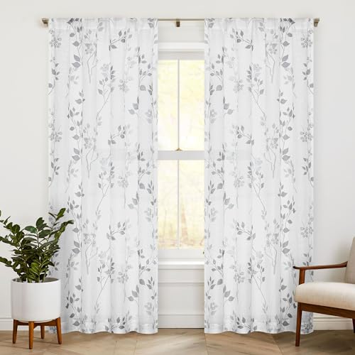 Beauoop Floral Linen Semi Sheer Curtains Living Room Grey 50x108 2 Panels - color: Rod Pocket | Grey, size: 50"W x 108"L (Pack of 2)