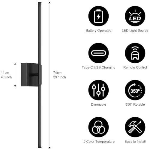 Battery Operated Wall Sconce, 3000K-6000K Dimmable Black Wall Lights with Remote Control, Timable LED Wireless Wall Sconces, 350° Ratate for Bathroom, Living Room, Hallway 29.1 Inch 1 Pack - color: Black, size: 29.1in(1 Pack)