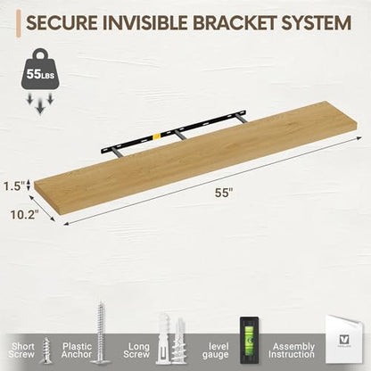 Vivelove 10 Inch Deep Floating Shelves for Wall 55” Set of 2, Oak - color: Oak, size: 55”wx10.2”dx1.5”h