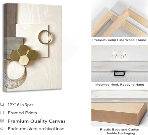 LAJDXSX 3 Pcs Abstract Gold Geometric Boho Canvas Wall Art 16x24in - color: Abstract-Metal, size: 16x24 in