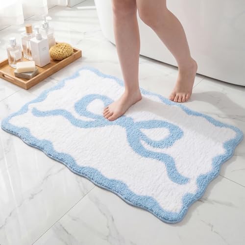 Tinideya Blue Bow Bathroom Rug 36" x 24" Scalloped Bow Bath Mat - color: Blue, size: 36" x 24" (Rectangular)