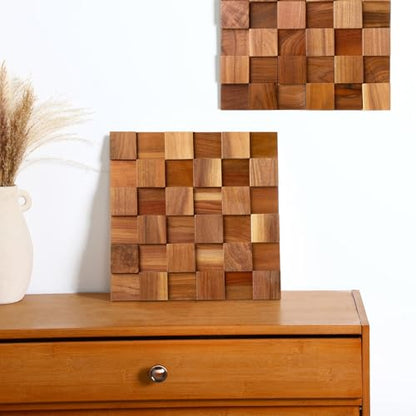 RattanView 3 Pcs 3D Rustic Wood Wall Art Mosaic Block Panel 11.8"x11.8"