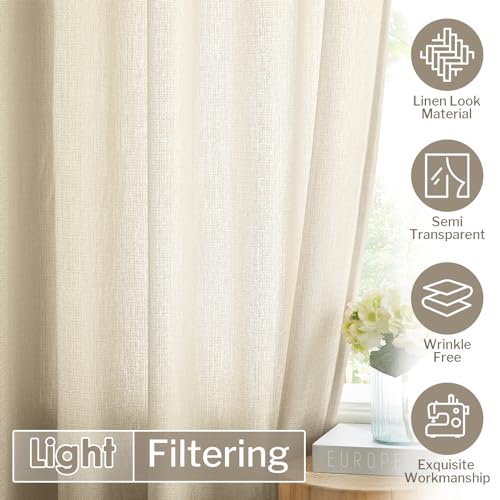 Melodieux Tan Semi Sheer Curtains 63 Inch Length for Living Room, Linen Rustic Bedroom Privacy Window Grommet Sheer Drapes, 52 by 63 Inch, 2 Panels - color: Tan, size: 52"W x 63"L (Pack of 2)