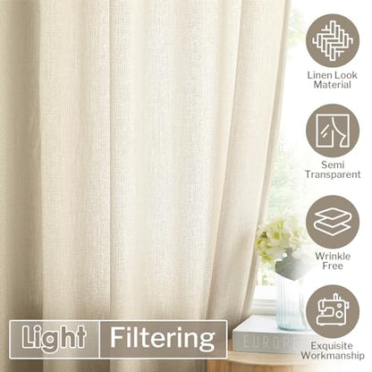 Melodieux Tan Semi Sheer Curtains 63 Inch Length for Living Room, Linen Rustic Bedroom Privacy Window Grommet Sheer Drapes, 52 by 63 Inch, 2 Panels - color: Tan, size: 52"W x 63"L (Pack of 2)