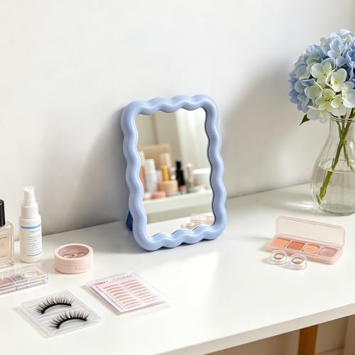 Wave Table Desk Vanity Makeup Mirror Small Make Up Office Mirror Blue - color: Blue