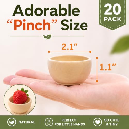 ZENFUN 20 Pack Wooden Pinch Bowls, Mini Unfinished Bowl Set for DIY Crafts, 1.5 oz Condiment Bowls, Small Round Bowl for Sorting, Dipping Sauce, Nuts, Spice, Candy, 1.1 x 2.1 Inches