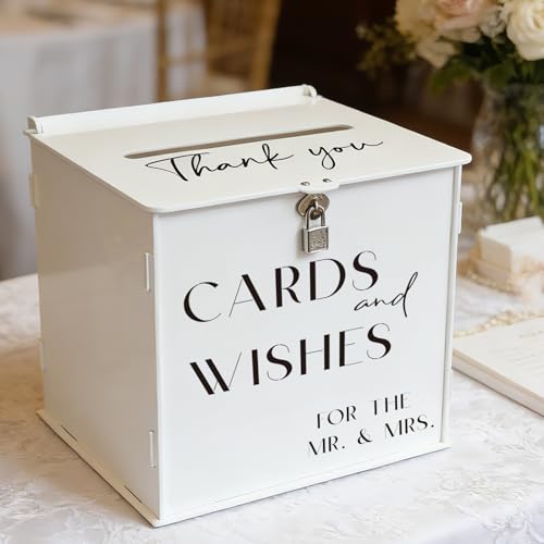 White Acrylic Card Box with Slot & Lock, Elegant Wedding Card Boxes for Reception, Large Money Envelope Gift Card Box for Party Wedding Birthday Engagement Anniversary Stylish Table Decor - style: White
