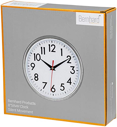 Bernhard Products Silver Wall Clock 8" Silent Non-Ticking Quality Quartz Battery Operated Clock for Home Kitchen Bedroom Bathroom Classroom Nursery Room Easy to Read - color: Silver