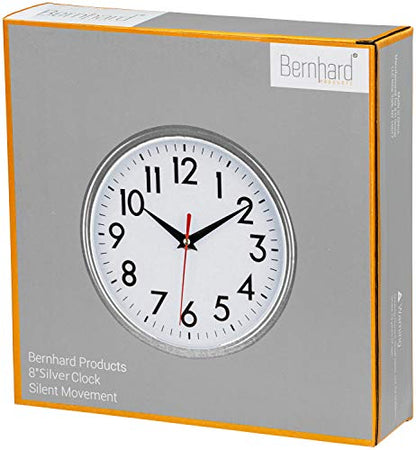 Bernhard Products Silver Wall Clock 8" Silent Non-Ticking Quality Quartz Battery Operated Clock for Home Kitchen Bedroom Bathroom Classroom Nursery Room Easy to Read - color: Silver
