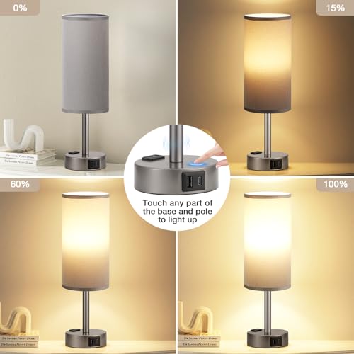 Fenmzee Grey Bedside Lamp for Bedroom, Dimmable Touch, USB A+C, AC Outlet - color: Grey - Grey, size: 14"