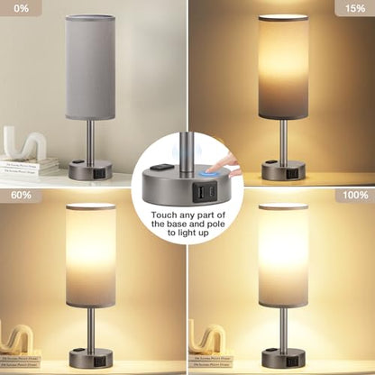 Fenmzee Grey Bedside Lamp for Bedroom, Dimmable Touch, USB A+C, AC Outlet - color: Grey - Grey, size: 14"