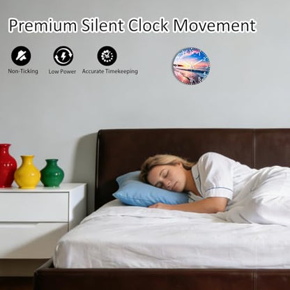 Battery Operated Wall Clock with Beach Sunset Pattern - 10 Inch Thick Glass Silent Non Ticking Analog Clock, Quartz Large Numbers Modern Wall Clocks for Living Room Bedroom Bathroom Office Gym - color: Blue Red, size: 10 Inch