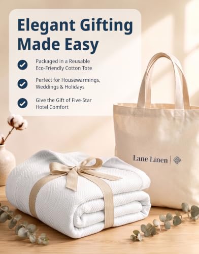 LANE LINEN Twin Blanket, 100% Cotton Textured Herringbone Weave - color: 01: White, size: Twin