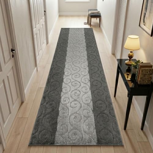 REMNAZ Custom Size Hallway Runner Rug, Scroll Grey, 31 in x 8 ft - color: Scroll / Grey, size: 31 inch Width X 8 Feet Length