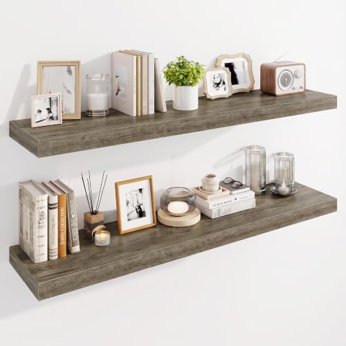 Marsmiles 48" Floating Shelves for Wall, Wooden Shelves with Invisible Brackets Set of 2, Rustic Farmhouse Wall Mounted Shelf for Kitchen Bathroom Living Room Study, Grey - color: Grey, size: 48"