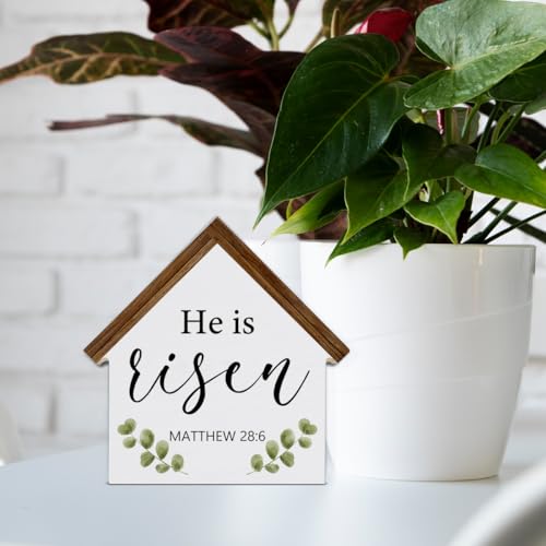 Easter Decor, He Is Risen House Shaped Wood Block Sign - color: He