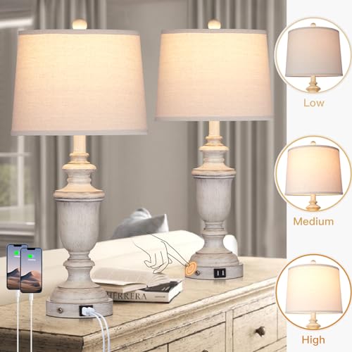 Cinkeda Farmhouse Table Lamps Set of 2 with USB Charging Port for Rustic Living Room Retro Bedroom,3-Way Dimmable Touch Lamp Resin Bedside Lamps for Nightstand Side End Table,Color 2 - color: Cream