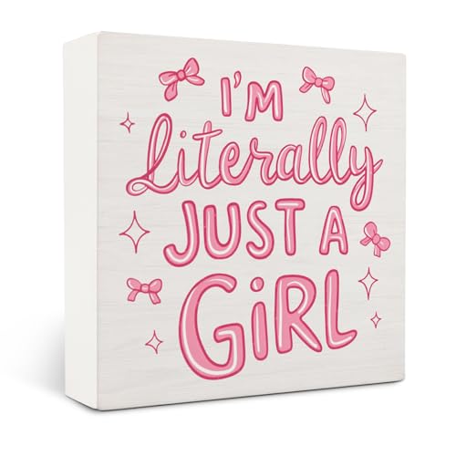 Pink Coquette Bow Room Decor Wooden Signs,Preppy Pink Bow Wooden Box Sign,I'm Literally Just A Girl Decor For Home Desk Tabletop Shelf Decoration 5x5 Inches - color: Bow8